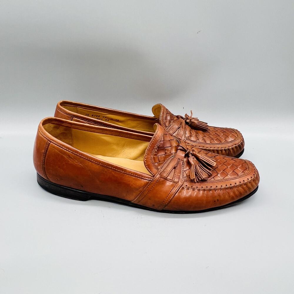 Johnston & Murphy Shoes Mens 11 Brown Leather Woven Tassel Loafers Slip On Dress